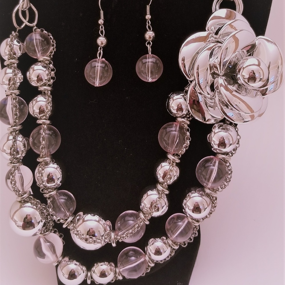 Pink & silver beaded necklace set